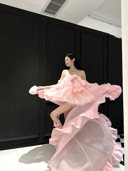 Cute A Line Strapless Floral Pink Organza Long Sweep Prom Dress Party Dress SH3399