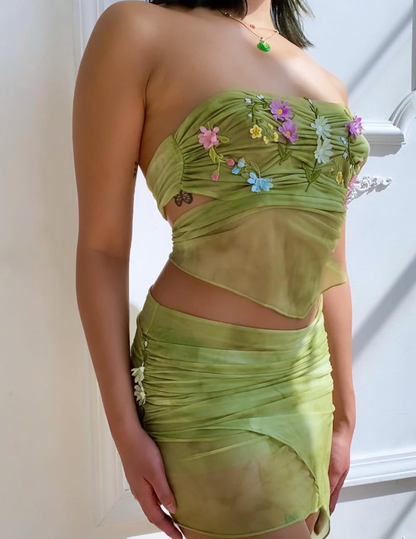 Fairy Two Piece Strapless 3D Floral Green Chiffon Short Party Dress Homecoming Dress SH2001