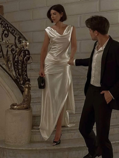 Elegant Sheath Champagne Satin Open Back Prom Dress Evening Dress with Slit SH2149