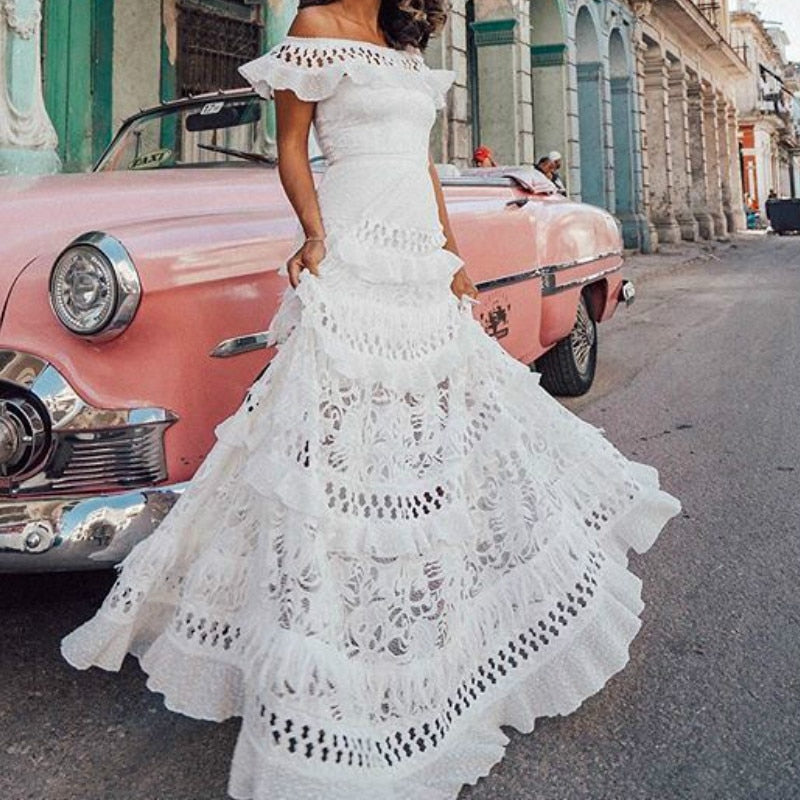 loveedsTM-Vintage Elegant Women's Long Dress White Lace Dress Off Shoulder Lotus Leaf Hollow Summer Retro Party Big Loose Swing Dresses