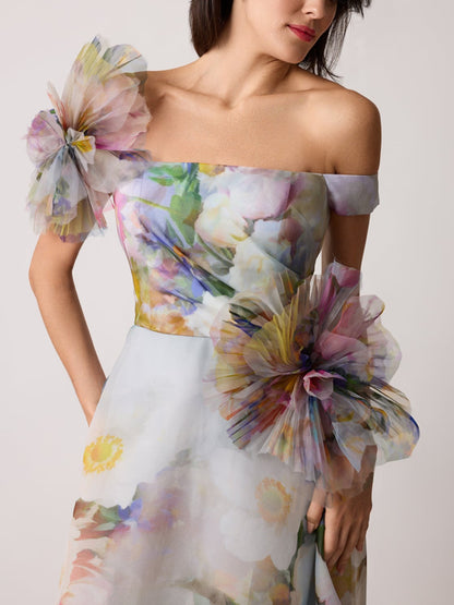 Organza Watercolor Off Shoulder 3D Flower Gown