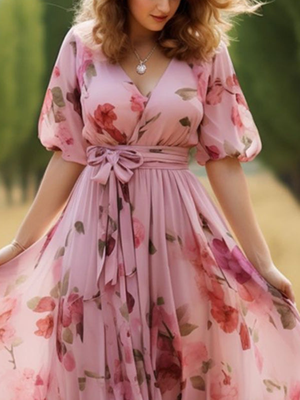 Elegant Blood Sail Floral Lace-up Ladies Dress