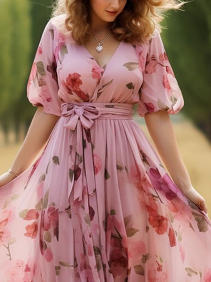 Elegant Blood Sail Floral Lace-up Ladies Dress