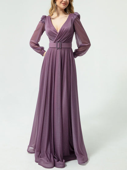 V-neck Long Sleeve Solid Color Maxi Dress