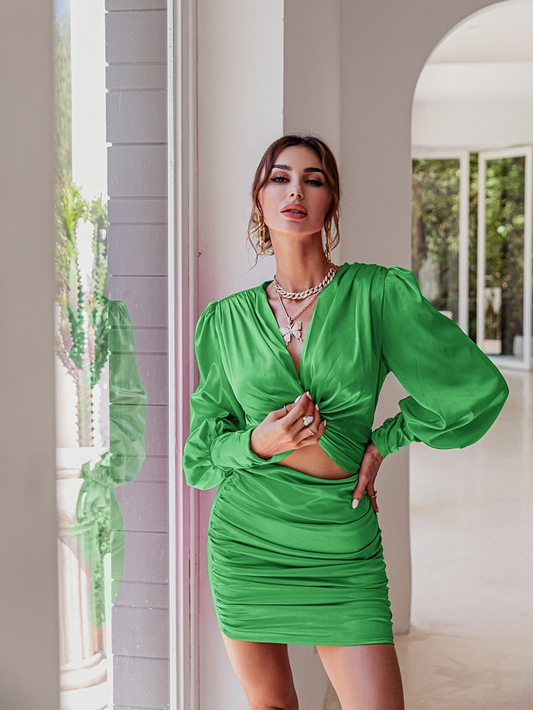 loveedsTM- Sexy deep v neck bodycon dress Party club hollow out mini dress Elegant winter autumn chic lantern sleeve satin dress