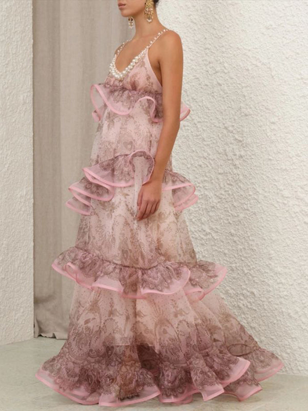 Pink Suspender Mesh Print Maxi Dress