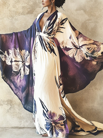 Light Purple Cotton And Linen Printed Robe Dress