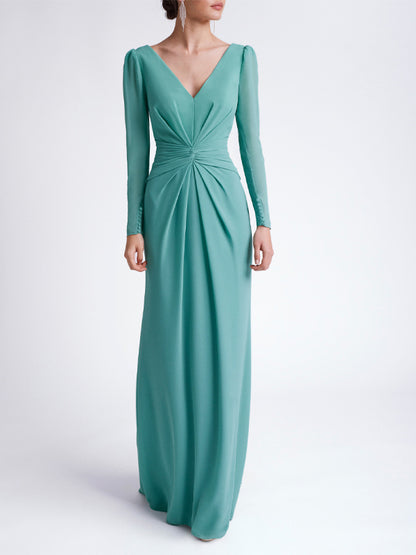 V Neck Solid Color Long Sleeve Maxi Dress