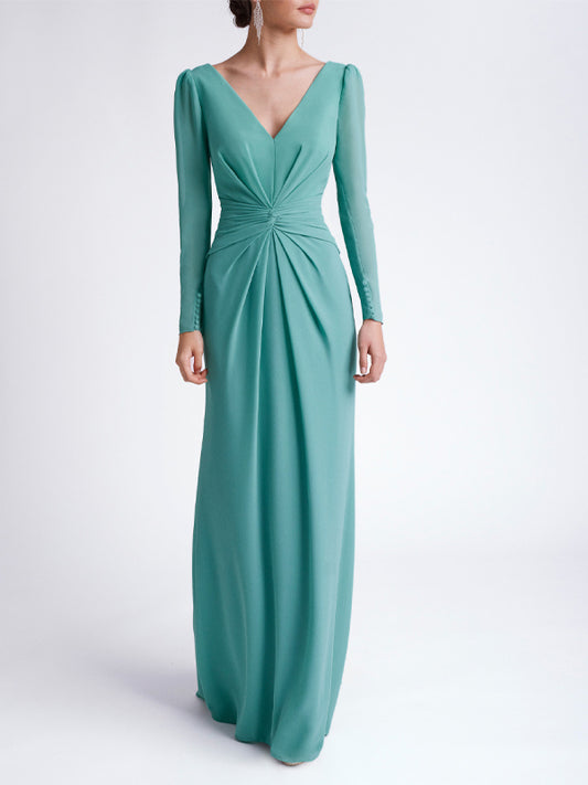 V Neck Solid Color Long Sleeve Maxi Dress