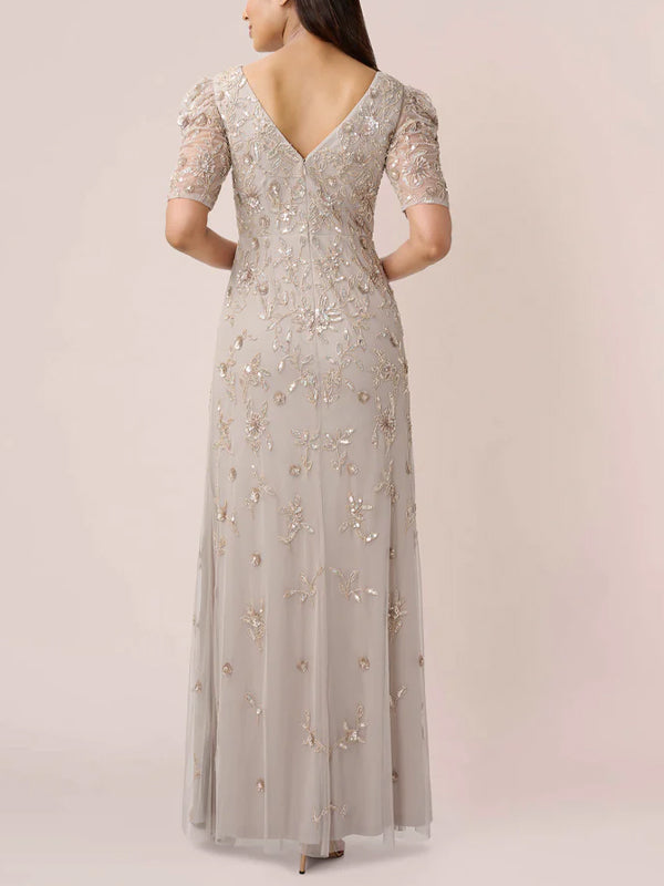 V-Neck Short Sleeves Beaded Maxi Dress