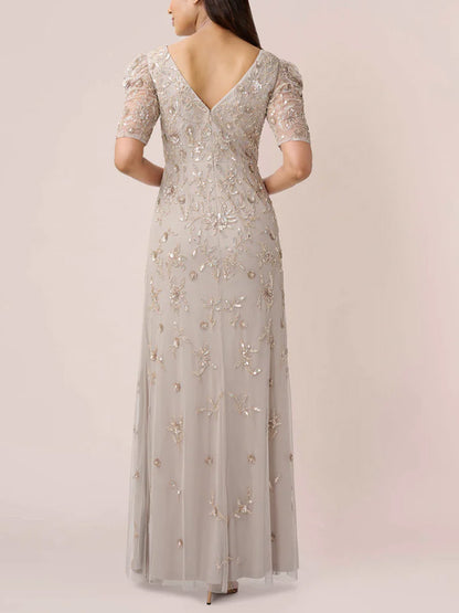 V-Neck Short Sleeves Beaded Maxi Dress