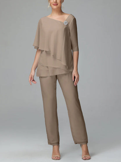 Half Sleeve Chiffon Mother of the Bride Dress Pants Suit
