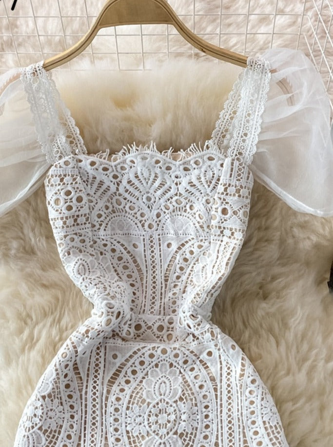loveedsTM-White Lace Dresses for Women Summer 2024 New Puff Sleeve Square Collar Back Zipper Hollow Out A-Line Evening Midi Dress