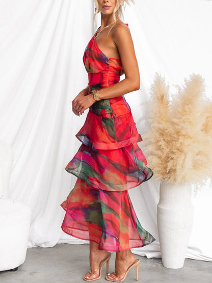 Elegant One-shoulder Chiffon Printed Ladies Dress