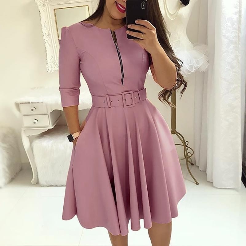 loveedsTM- Elegant Women Solid Half Sleeve Party Dress Autumn Casual Zipper Knee-length Midi Dresses Ladies Big Swing Club Dress Vestidos
