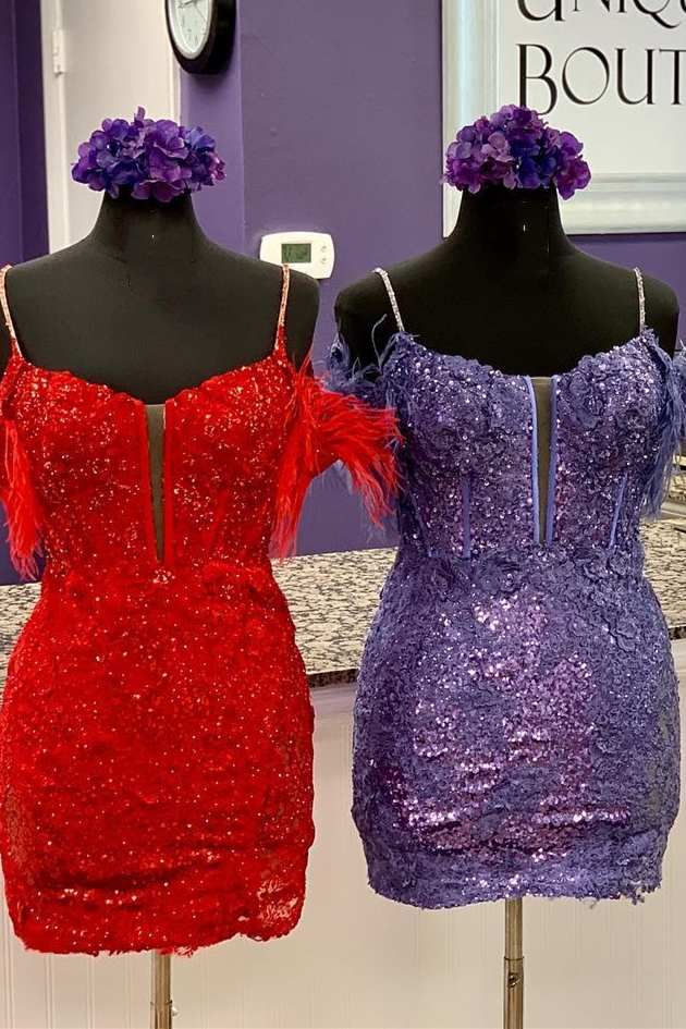 Blue/purple/black/red/white shiny elegant delicate floral beaded lace off-shoulder feather short mini homecoming dress evening gown party dress gh1349