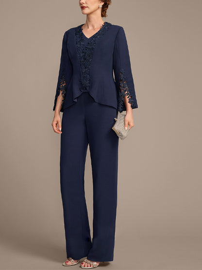V-Neck Solid Color Short-Sleeved Top And Trousers Three-Piece Suit
