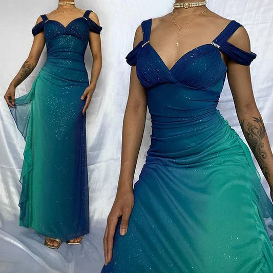 Blue shiny fashion gradient elegant spaghetti straps long chiffon elegant ball gown evening dress party dress gh3492