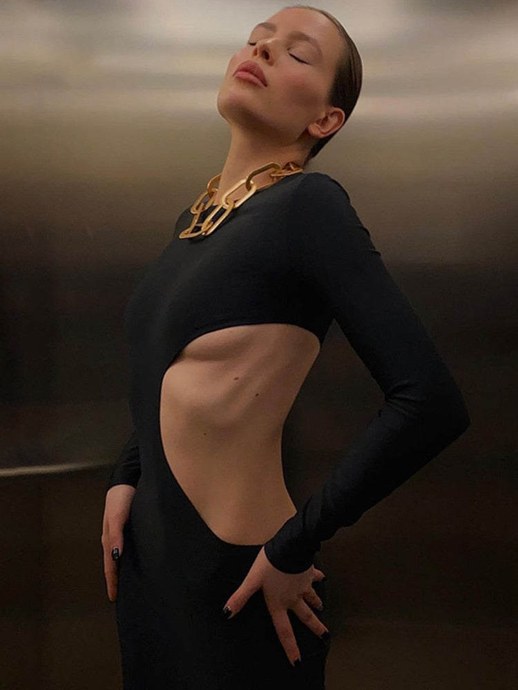 loveedsTM-Fall Party Dresses For Women Sexy Black Cut Out Round Neck Long Dress Women Elegant Long Sleeve Club Party Spring Dresses Skinny Clothes