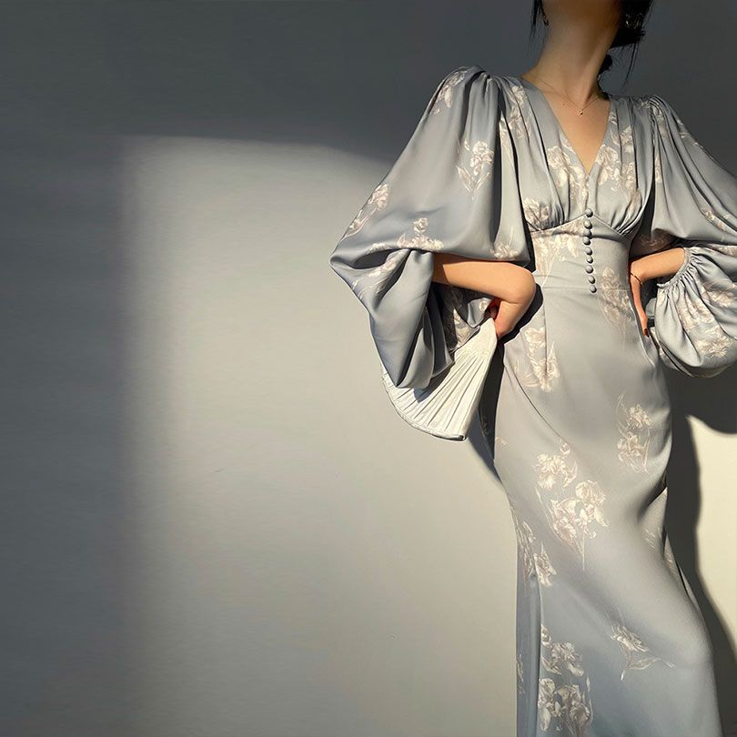 loveedsTM- Vintage French Women Dress Spring Summer Elegant Floral Print V Neck Latern Sleeve Long Maxi Dress Party Holiday Female Vestidos