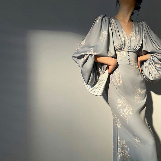 loveedsTM- Vintage French Women Dress Spring Summer Elegant Floral Print V Neck Latern Sleeve Long Maxi Dress Party Holiday Female Vestidos