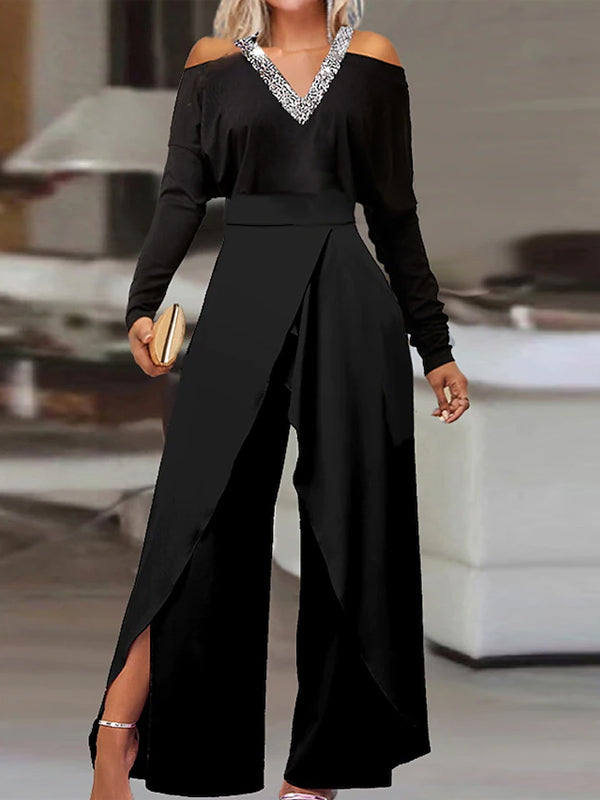 Women's Sequin Solid Color V Neck Jumpsuit