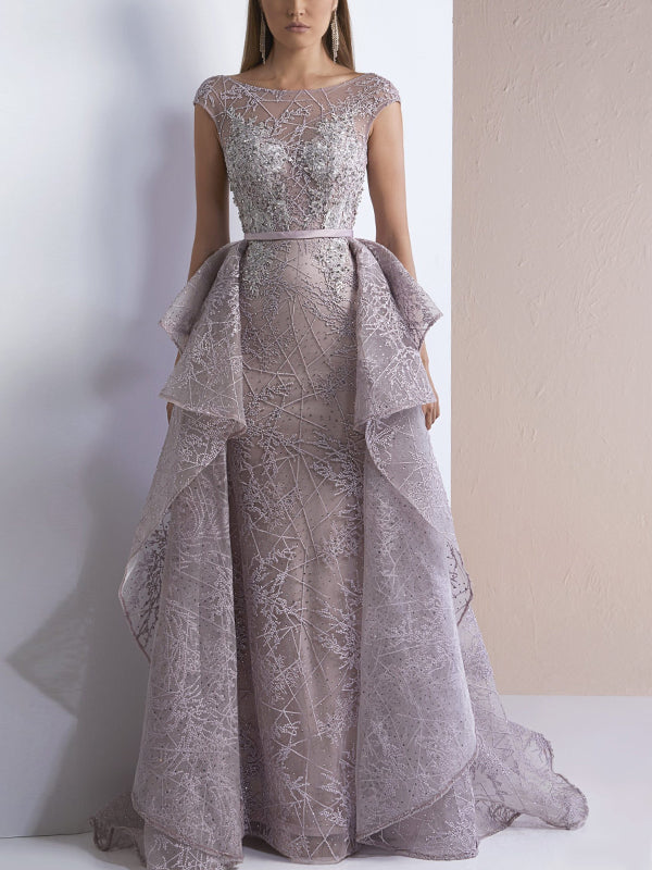 Round Neck Lace Solid Color Maxi Dress