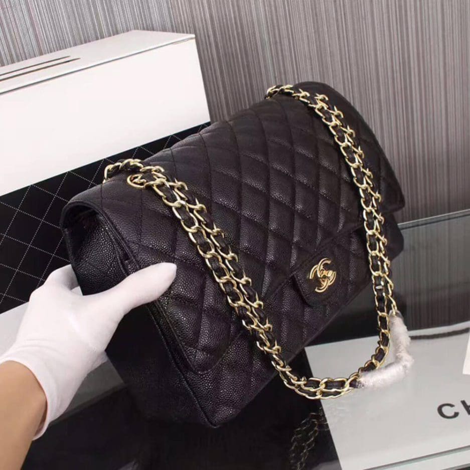 CHANEL Classic Maxi Handbag GRAINED CALFSKIN & GOLD METAL