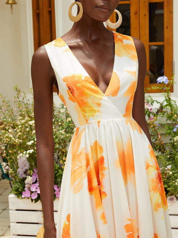 Yellow Printing Chiffon V Neck Sleeveless A-Line Maxi Dress