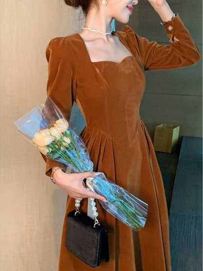 loveedsTM- France Vintage Dress Women Autumn Winter Solid Retro Elegant Evening Party Midi Dress Long Slevee Korean Style Dress Fairy