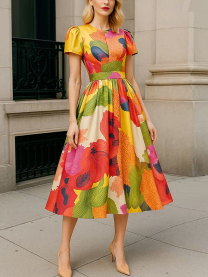 Round Neck Color Matching Temperament Party Ladies Dress