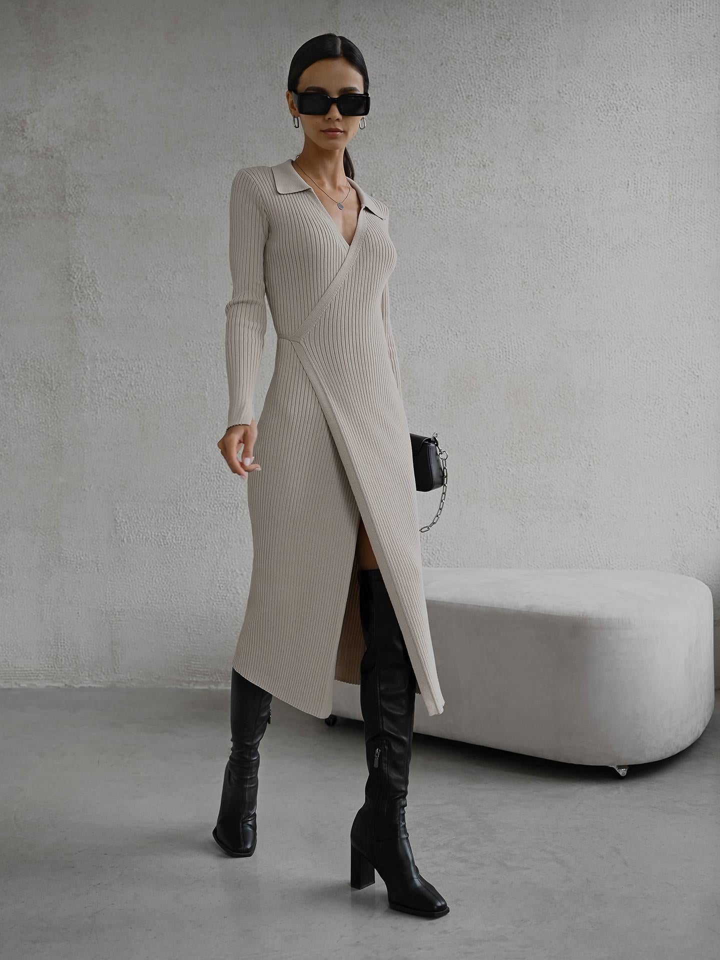 loveedsTM-Women Knitted Dress Autumn Winter Green Casual Long Sleeve Midi Club Party Dresses Elegant Chic Polo Collar Bodycon Dress