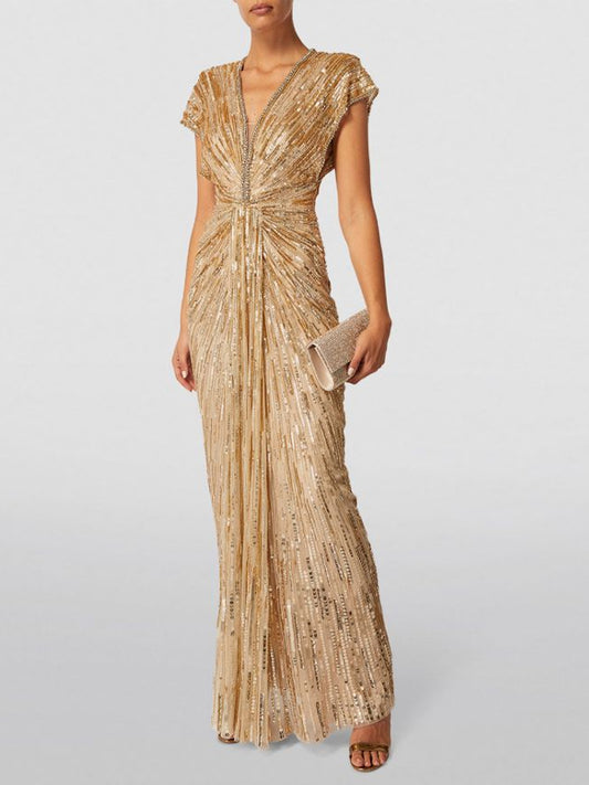 V-Neck Sequined Short-Sleeved Solid Color Maxi Dress