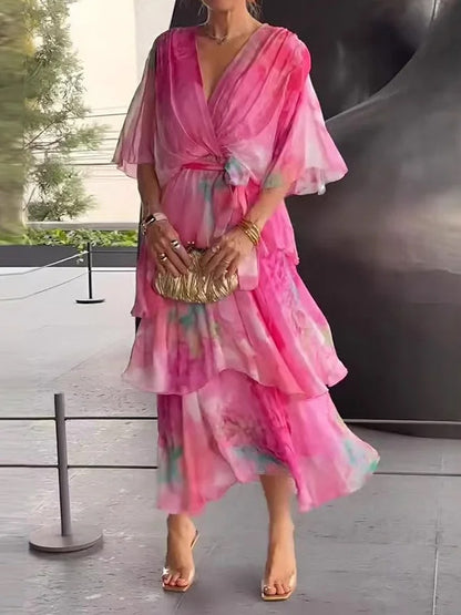 Flower Printed Gradient Ruffled Half Sleeves Maxi Dress