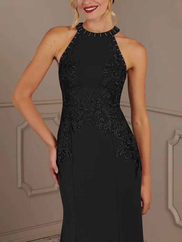 Mermaid Halter Lace Stretch Crepe Sweep Train Dress