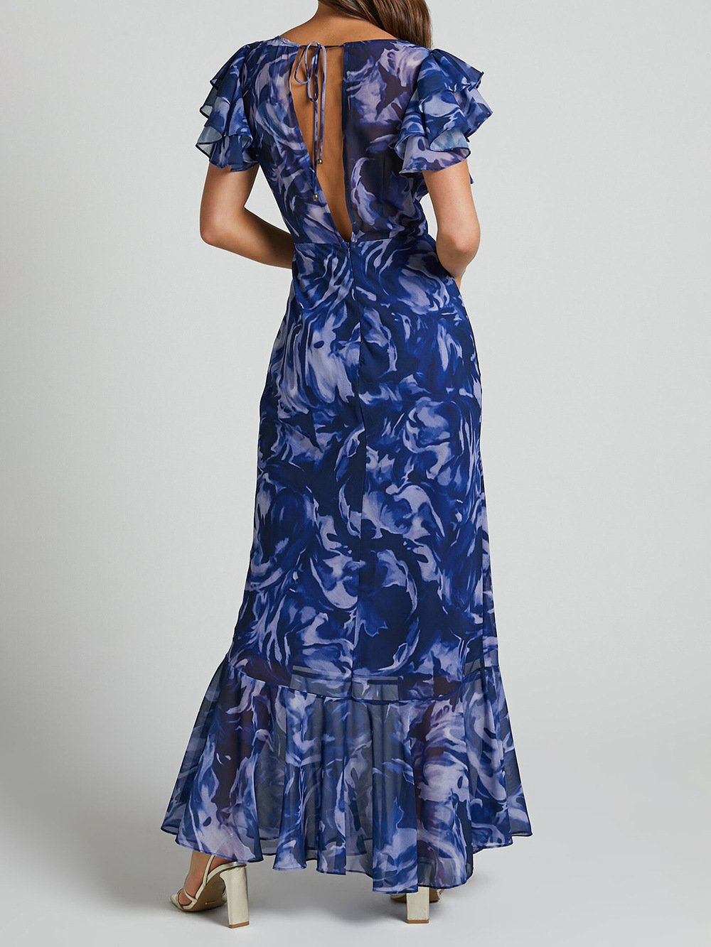 loveedsTM-Navy Swirl V-Neck Flutter Sleeve Maxi Dress