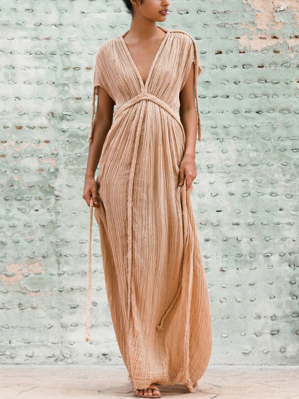 V-neck solid linen maxi dress
