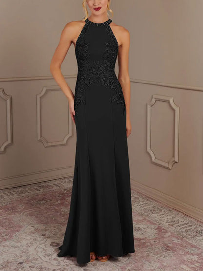 Mermaid Halter Lace Stretch Crepe Sweep Train Dress