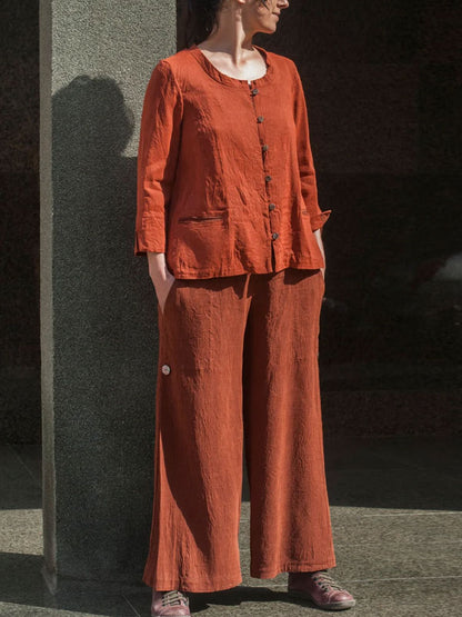 Single-breasted Cotton Linen Ladies Suit
