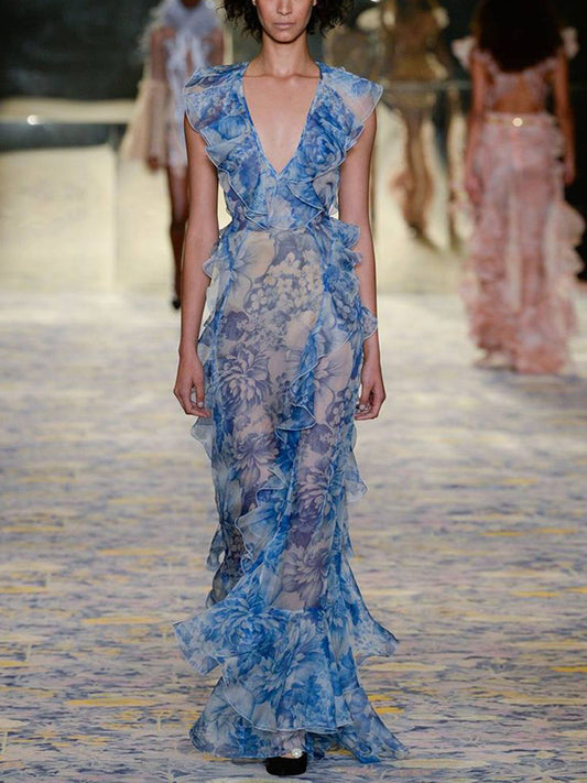 Blue V-neck Print Maxi Dress