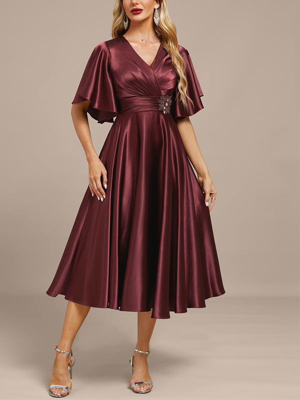 V-neck Satin Solid Color Midi Dress