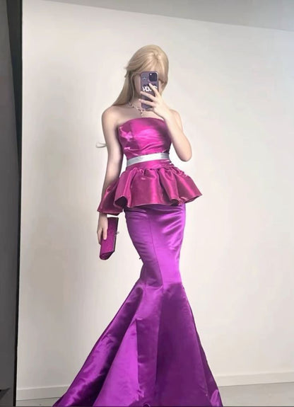 Barbie Pink Mermaid Strapless Satin Long Prom Dress Evening Dress SH3716