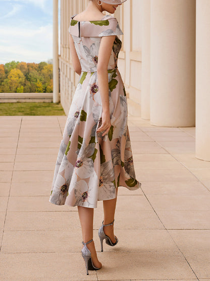 Off Neck Floral Print Midi Dress