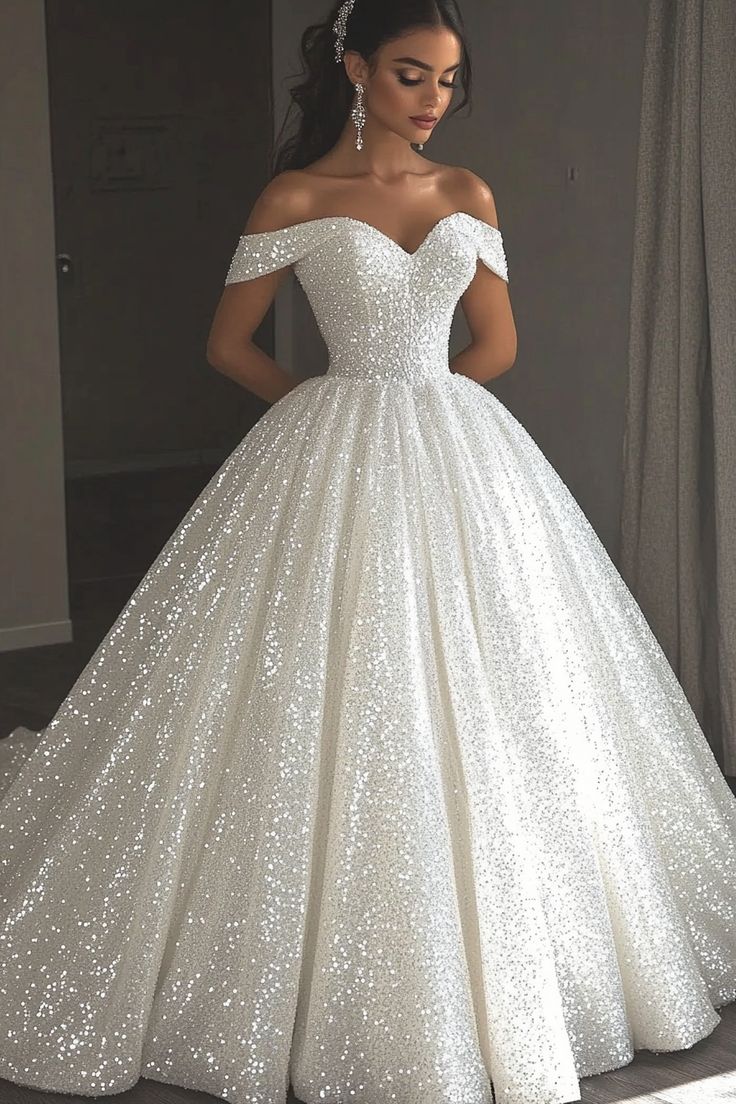 Ethereal Wedding Dress Ball Gown Off The Shoulder Sequin White Wedding Dresses Bridal Gowns DP1676
