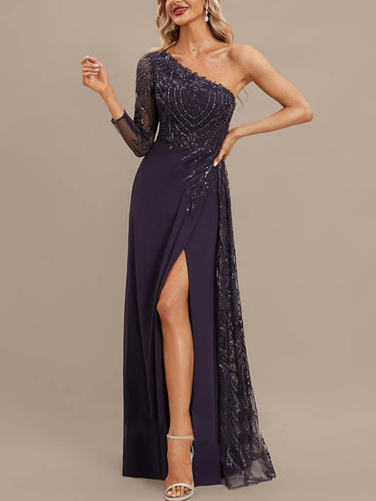 Sheath/Column One Shoulder Floor-Length Lace Chiffon Sequin Evening Dress