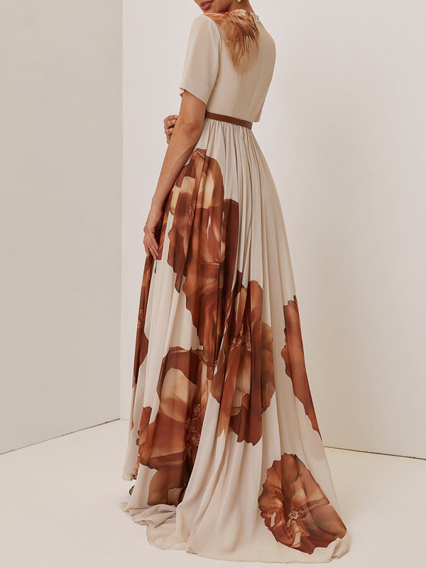 Floral Ruched Chiffon V Neck Short Sleeve A-Line Gown Dress