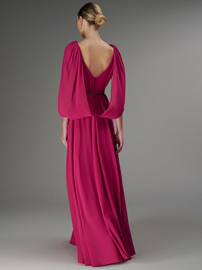 V-neck Chiffon Solid Color Maxi Dress