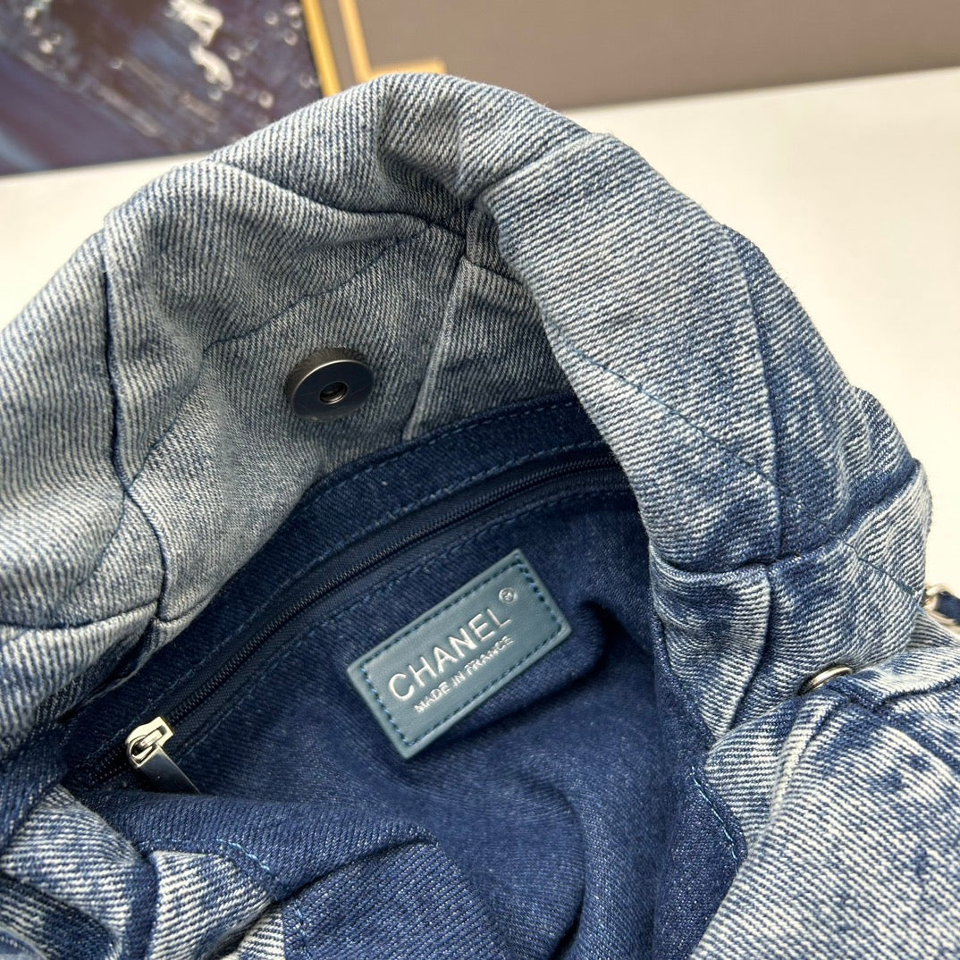 Chanel Large 22 Bag Faded Blue Denim Silver Hardware