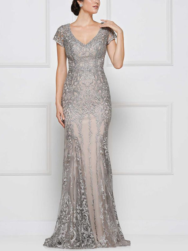 V-neck Short Sleeve Lace Solid Color Maxi Dress