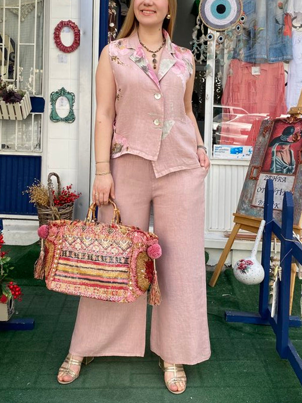 Cotton and Linen Printed Holiday Temperament Women's Suit